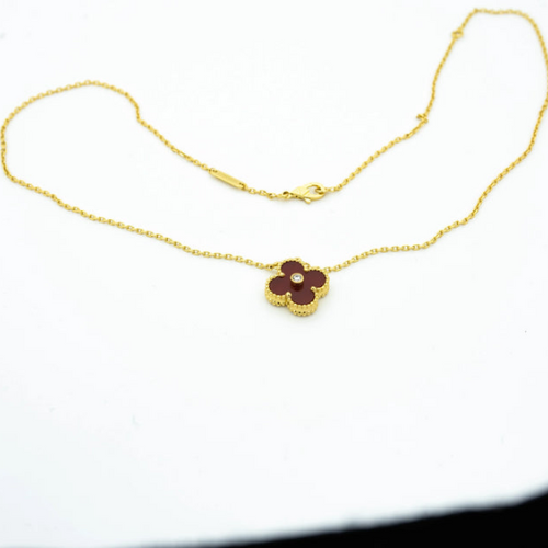 CLOVER NECKLACE GOLD DIAMOND CARNELIAN