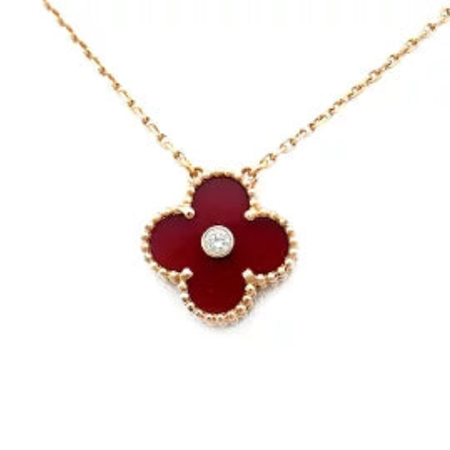 CLOVER NECKLACE GOLD DIAMOND CARNELIAN