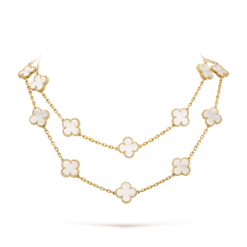 CLOVER 20 MOTIFS WHITE MOP GOLD NECKLACE
