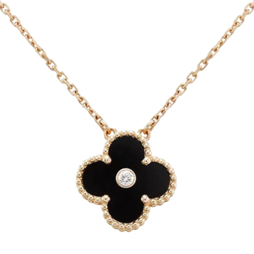 CLOVER NECKLACE GOLD DIAMOND ONYX